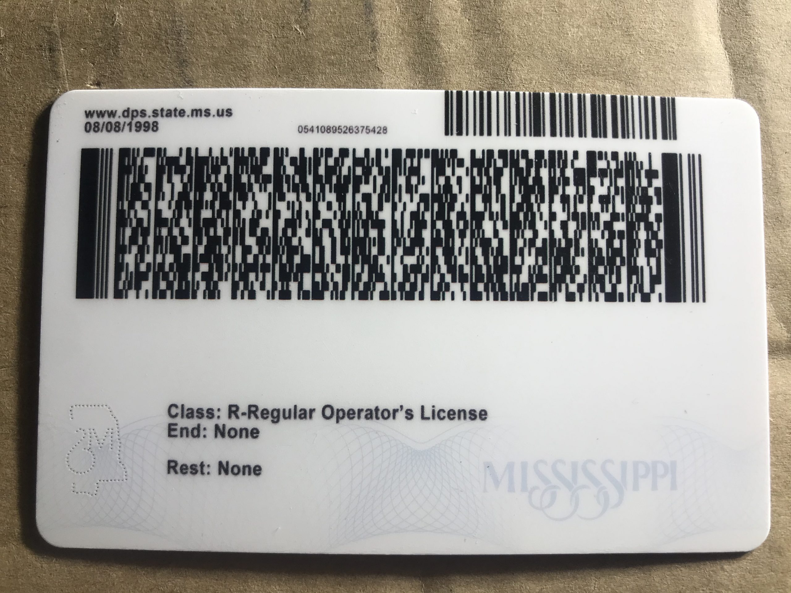 Mississippi Driver License and ID Card back